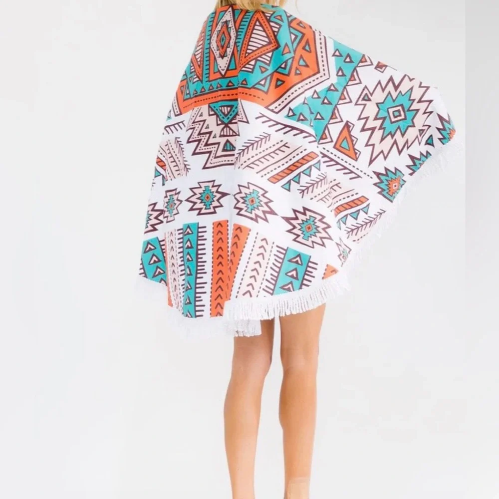 Beach Towel Round with White Fringe  - Aztec Print Festival, Beach or Picnic.